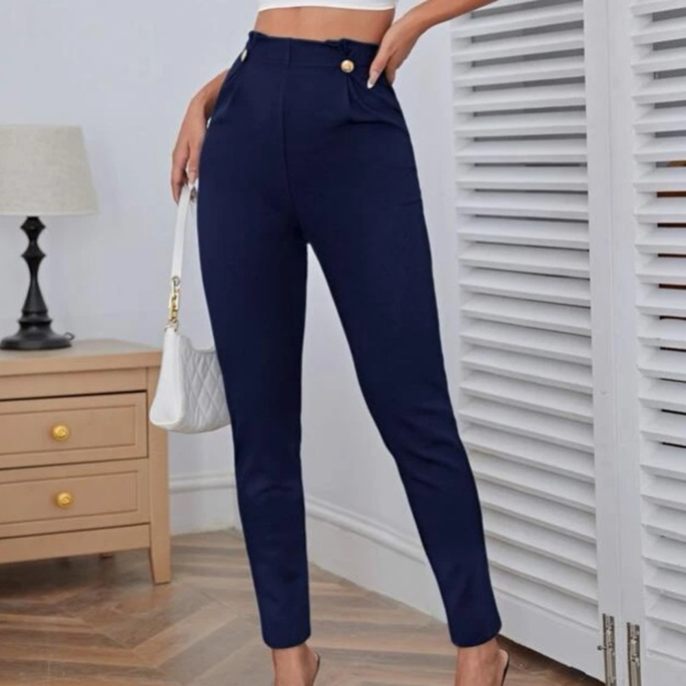 Navy Blue High Waisted Button Pants in M